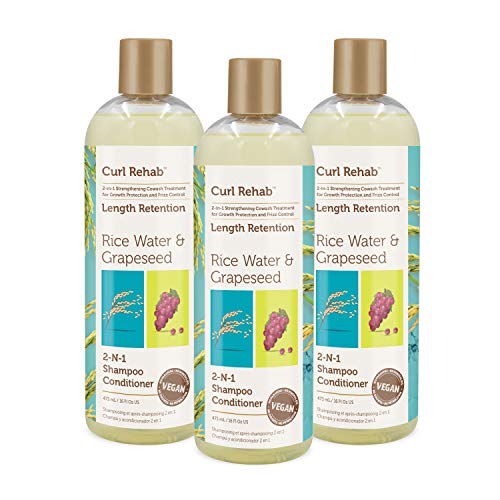 Curl Rehab Length Retention/Strength Treatment 2 in 1 Shampoo Conditioner (3 Pack), Enriched with Rice Water & Grapeseed, For Hair Growth, Protection & Frizz Control, 16 Oz