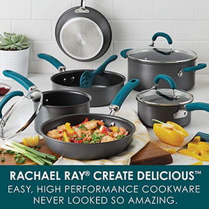 Rachael Ray Create Delicious Hard Anodized Nonstick Cookware Pots and Pans Set, 11 Piece, Gray with Teal Handles