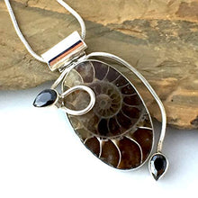 Load image into Gallery viewer, Authentic Well-Preserved AMMONITE Fossil and Black Onyx Gemstones, 925 Sterling Silver, Designer Pendant (1.5&quot; Long) Jewelry with FREE Silver Chain.
