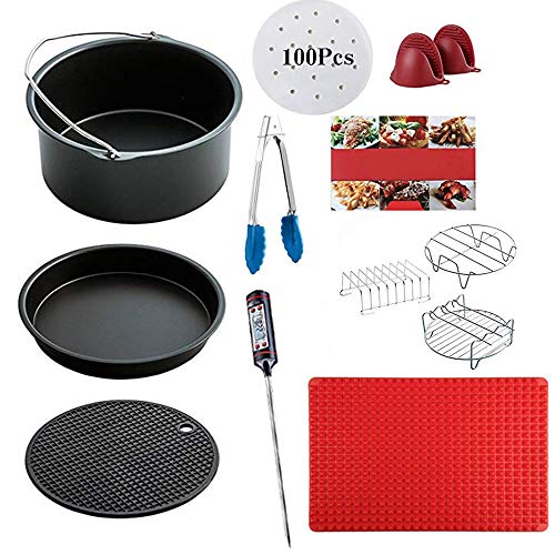 11PCS Air-Fryer-Accessories with Recipe-Cookbook-Liners, Non-stick Barrel/Pan + Metal Holder + Multi-Purpose Rack +Baking Mat