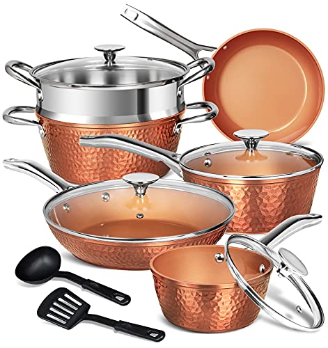 Load image into Gallery viewer, MICHELANGELO Copper Pots and Pans Set, Nonstick Copper Cookware 12 Piece, Hammered Pots and Pans Set, Kitchen Cookware Sets with Fry Pans, Stock Pans, Lids, Cooking Utensils - Induction Compatible