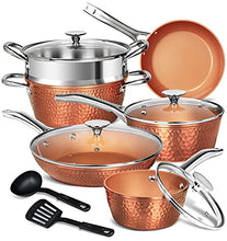Load image into Gallery viewer, MICHELANGELO Copper Pots and Pans Set, Nonstick Copper Cookware 12 Piece, Hammered Pots and Pans Set, Kitchen Cookware Sets with Fry Pans, Stock Pans, Lids, Cooking Utensils - Induction Compatible
