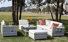 Load image into Gallery viewer, DECMICO 8-Piece Patio Rattan Sectional Sofa Sleeper, Outdoor Furniture Conversation Set for Garden and Lawn with Wicker Coffee Table and Light Grey Waterproof Cushions
