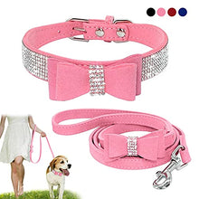 Load image into Gallery viewer, N C Bling Bowknot Suede Leather Rhinestone Dog Collarand Leash Set Pet Puppy Cat Chihuahua Collars for Small Medium Dogs Cats Pink Red X Small
