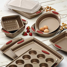 Load image into Gallery viewer, Rachael Ray 52410 Cucina Nonstick Bakeware Set with Baking Pans, Baking Sheets, Cookie Sheets, Cake Pan, Muffin Pan and Bread Pan - 10 Piece, Latte Brown with Cranberry Red Grip
