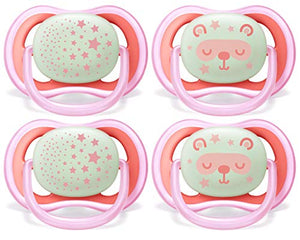 Philips AVENT Ultra Air Nighttime 6-18 Months Pacifier, SCF376/44, Pink, (Pack of 4)