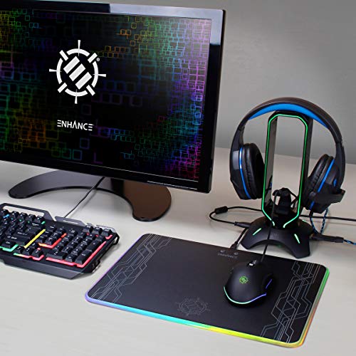 Load image into Gallery viewer, ENHANCE Gaming Headset Stand - LED Headphone Hanger with Mouse Bungee and 2 Port USB Hub - 7 RGB Colors + Color Changing Mode, Headset Hanger, Mouse Bungee 3-in-1 Gaming Desktop Accessory