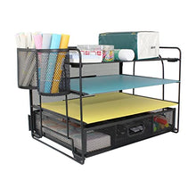 Load image into Gallery viewer, FancoYard Desk Organizers Set, Mesh Office Supplies Paper File Organizer for Desk with Pen Holder, Notebook, Pencil Storage Accessories with 4 Trays + Sliding Drawer, Black
