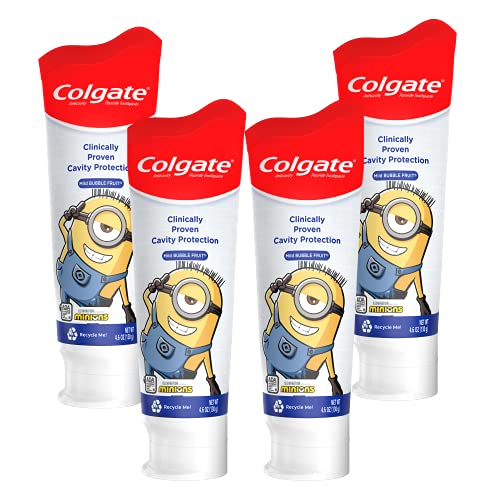 Colgate Kids Toothpaste with Anticavity Fluoride Featuring Minions, ADA-Accepted, Bubble Fruit Gel, White/Red - 4.6 Ounce (Pack of 4)