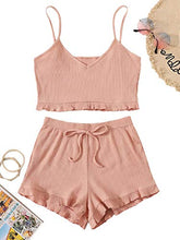 Load image into Gallery viewer, SheIn Women's 2 Pieces Sleeveless V Neck Crop Top Frill Trim Shorts Pajama Sets Pink X-Large
