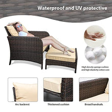 Load image into Gallery viewer, LeveLeve Balcony Furniture 5 Piece Patio Conversation Set, PE Wicker Rattan Outdoor Lounge Chairs with Soft Cushions 2 Ottoman&amp;Glass Table for Porch, Lawn-Brown Wicker (Sand)
