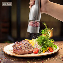 Load image into Gallery viewer, Grind'Oro Electric Salt and Pepper Grinder Set (2 Mills) Battery Operated, Stainless Steel with Light - One Touch Automatic Salt Grinder Mill Adjustable Coarseness, Franluca's Kitchen Power Shaker Set
