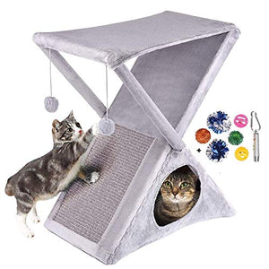 Ruff 'n Ruffus Foldable Cat Tower Tree + Free Bonus Handheld Chase Toy + 6 Cat Toys | Plush Folding House with Hammock | Condo | Scratching Pad & Post | & Play Balls | for Kittens | Medium & Large Cat