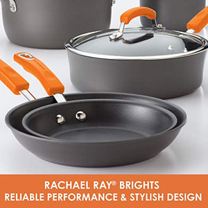 Rachael Ray Brights Hard Anodized Nonstick Frying Pan Set / Fry Pan Set / Hard Anodized Skillet Set - 9.25 Inch and 11.5 Inch, Gray with Orange Handles