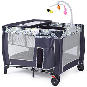 Costzon Baby Playard, 3 in 1 Convertible Playpen with Bassinet, Changing Table, Foldable Bassinet Bed with Music Box, Whirling Toys, Wheels & Brake, Large Capacity Basket, Oxford Carry Bag (Grey)