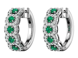14K White Gold 0.37 Carat Natural Diamond (H-I Color, SI2-I1 Clarity) & Natural Emerald Hoop Earrings for Women