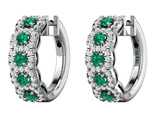 14K White Gold 0.37 Carat Natural Diamond (H-I Color, SI2-I1 Clarity) & Natural Emerald Hoop Earrings for Women