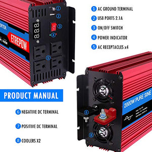 ETREPOW 2000 Watt/4000 Watt Pure Sine Wave Power Inverter 12V DC to 110V /120V AC Power Converter Wireless Remote Control-Off-Grid Inverter for Outdoor ,Home,Camping, RV,Truck,Car