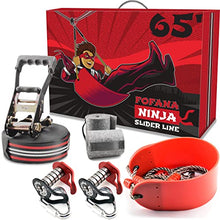 Load image into Gallery viewer, Fofana Ninja Slider Slackline Pulley Kit - 65 Ft. Slack Line Zip Ninja Course - Includes Slackline, 2X Slider Pulley, and Swing - Ninja Warrior Obstacle Course for Kids - Sports &amp; Outdoor Play Toys
