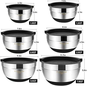Mixing Bowls with Airtight Lids，6 piece Stainless Steel Metal Nesting Storage Bowls by Umite Chef, Non-Slip Bottoms Size 7, 3.5, 2.5, 2.0,1.5, 1QT, Great for Mixing & Serving(Black)