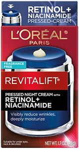 L'Oreal Paris Revitalift Pressed Night Cream with Retinol, Niacinamide, Visibly Reduce Wrinkles, Hydrate for Face, Under Eye, Neck, Chest, Dermatologist tested + Hyaluronic Acid Serum Sample