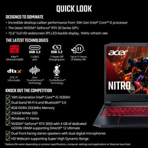 Acer Nitro 5 AN515-55-53E5 Gaming Laptop | Intel Core i5-10300H | NVIDIA GeForce RTX 3050 Laptop GPU | 15.6" FHD 144Hz IPS Display | 8GB DDR4 | 256GB NVMe SSD | Intel Wi-Fi 6 | Backlit Keyboard