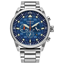 Load image into Gallery viewer, Citizen Men&#39;s Eco-Drive Weekender Avion Chronograph Field Watch in Stainless Steel, Blue Dial (Model: CA4211-72L)
