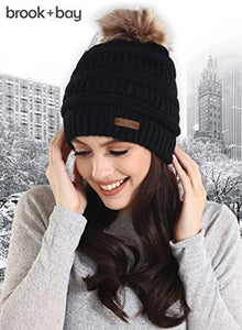 Pom Pom Beanie Winter Hat For Women - Faux Fur Pompom Warm, Thick & Chunky Soft Cable Knit Hats - Cute & Trendy Cold Weather Knitted Caps - Stylish & Trendy Snow & Ski Beanies for Ladies