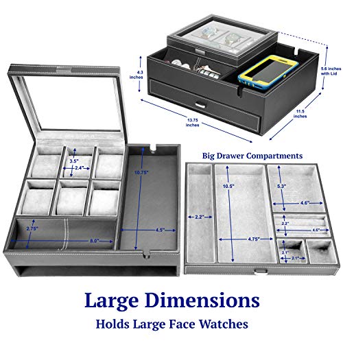 Load image into Gallery viewer, HOUNDSBAY Commander Dresser Valet Watch Box Case & Mens Jewelry Box Organizer with Smartphone Charging Station (Black/Gray)
