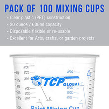 Load image into Gallery viewer, TCP Global 20 Ounce (600ml) Disposable Flexible Clear Graduated Plastic Mixing Cups - Box of 100 Cups &amp; 50 Mixing Sticks - Use for Paint, Resin, Epoxy, Art, Kitchen - Measuring Ratios 2-1, 3-1, 4-1 ML
