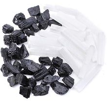 Load image into Gallery viewer, Dancing Bear Black Tourmaline &amp; Selenite Combo Pack (1 LB Each) Bulk Rough Raw Natural Stones for Good Vibes, EMF &amp; Radiation Protection, Healing Crystals, Info Cards, Cleansing Energy, Made in USA
