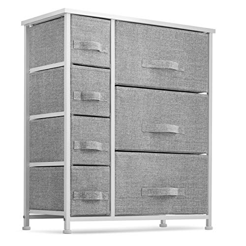 7 Drawers Dresser - Furniture Storage Tower Unit for Bedroom, Hallway, Closet, Office Organization - Steel Frame, Wood Top, Easy Pull Fabric Bins Gray/White