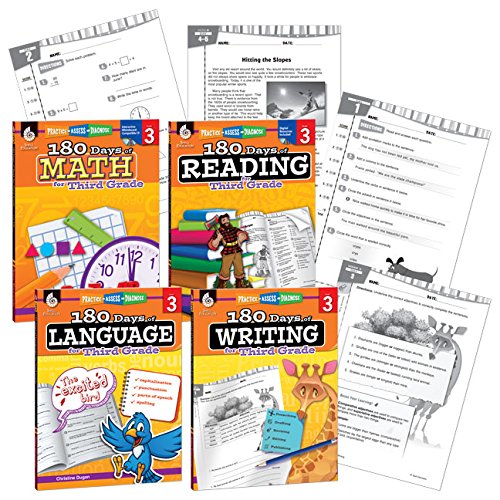 180 Days of Practice - 3rd Grade Workbook Set - Includes 4 Assorted Third Grade Workbooks for Daily Practice in Reading, Math, Writing, and Grammar Skills