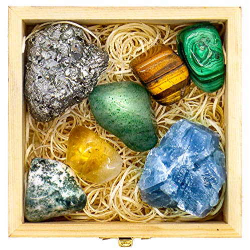 Crystalya Premium Grade Crystals and Healing Stones for Abundance and Prosperity in Wooden Box - Malachite, Pyrite, Citrine, Aventurine, Blue Calcite, Tree Agate, Tiger's Eye Gemstones + Info Guide
