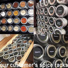 Load image into Gallery viewer, Set of 12 Magnetic Spice Tins with 12 Window-Top Sift and Pour Lids, 269 Preprinted Seasoning Label Stickers in 2 Styles for 3 oz Herb Jars
