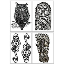 Load image into Gallery viewer, Playmax 8 Sheets of Stylish Waterproof Large Snake Koi Fish Skull Owl Wolf Mechanical Arm Devil Biker Gym Lover Body Arms Shoulders Chest Back Temporary Tattoo Stickers for Teens Guys Boys Men

