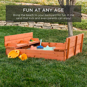 Best Choice Products 47x47in Kids Large Wooden Sandbox for Backyard, Outdoor Play w/Cedar Wood, 2 Foldable Bench Seats, Sand Protection, Bottom Liner - Brown