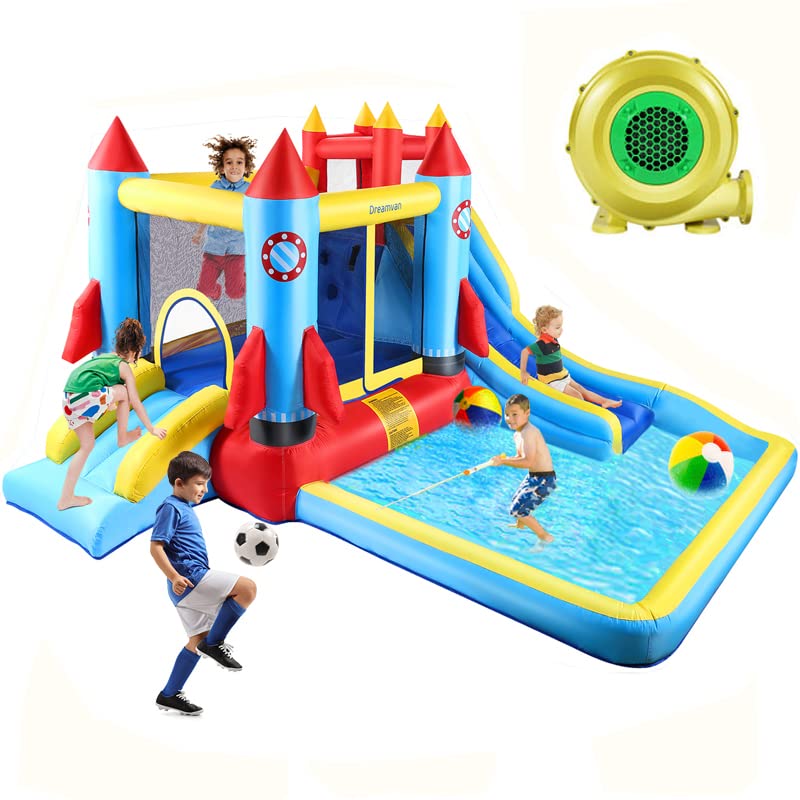 AKEYDIY Bounce House with Blower Giant Inflatable Slide Bouncy Castle for Kids 3-12 with Pool,Ball Pit,Climbing Wall,Bouncing Area,water Slide Rocket Jumping Castle,Pool Splash Indoor/Outdoor