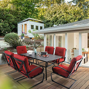 MFSTUDIO 7 Piece Outdoor Patio Dining Set 6 Spring Motion Cushion Chairs, 1 Rectangular Table with 1.57" Umbrella Hole Furniture Sets for Lawn Backyard Garden