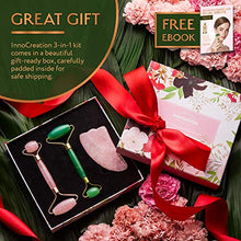 Load image into Gallery viewer, Authentic Jade Roller, Natural Rose Quartz Roller and Gua Sha | 3-In-1 Stone Face Massager Kit

