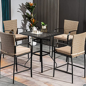 Mcombo 5 Piece Patio Dining Set, Outdoor Steel Dining Table Set, Wicker Furniture Set with Square Steel Wood Grain Table and 4 Arm Chairs for Garden Backyard Bistro and Deck, 6084-DS28-BK