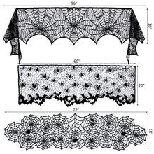 Load image into Gallery viewer, 5pack Halloween Decorations Tablecloth Runner Black Lace Round Spider Cobweb Table Cover Fireplace Mantel Scarf Spiderweb Fireplace Scarf Spider Lampshade with 36pcs Scary 3D Bat for Halloween Party
