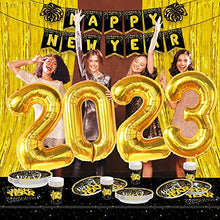 Load image into Gallery viewer, Huge, New Years Eve Party Supplies 2023 - Pack of 108 | Glitter Happy New Year Banner, 10 Feet Gold Foil Fringe Curtain | 40 Inch, 2023 Balloons Gold | New Years Plates and Napkins and Cups, Serves 25
