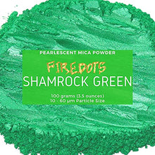 Load image into Gallery viewer, FIREDOTS Shamrock Green Mica Powder for Resin - Cosmetic Grade Epoxy Resin Color Pigment Sparkly Mica Powder for Soap Making, Candle Making, Resin Art, and Cosmetics, 100 Grams in Reusable Jar
