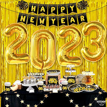 Load image into Gallery viewer, Huge, New Years Eve Party Supplies 2023 - Pack of 108 | Glitter Happy New Year Banner, 10 Feet Gold Foil Fringe Curtain | 40 Inch, 2023 Balloons Gold | New Years Plates and Napkins and Cups, Serves 25
