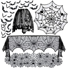 Load image into Gallery viewer, 5pack Halloween Decorations Tablecloth Runner Black Lace Round Spider Cobweb Table Cover Fireplace Mantel Scarf Spiderweb Fireplace Scarf Spider Lampshade with 36pcs Scary 3D Bat for Halloween Party
