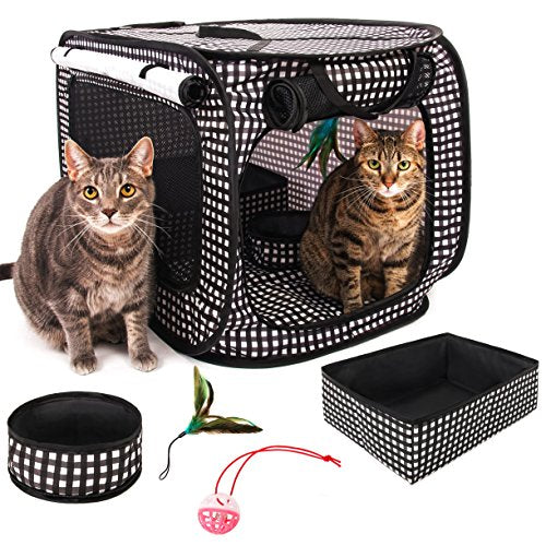 CHEERING PET, Cat Condo Cage, Travel Cage, Portable Pet Crate, Collapsible Litter Box, Foldable Feeding Bowl, Hanging Feather Teaser and Ball, Carrying Bag, Extra Large 32