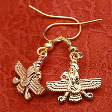 Load image into Gallery viewer, 18K Gold Pt Farvahar Iranian Persian Farsi Farohar Earring Iran Persia Pahlavi Gift (Fish Hook)
