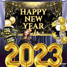 Load image into Gallery viewer, Huge, New Years Eve Party Supplies 2023 Set - Pack of 44 | Gold 2023 Balloons, 40 Inch | Happy New Year Backdrop, Happy New Year Decorations 2023 | Happy New Year Balloons for NYE Decorations 2023
