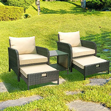 Load image into Gallery viewer, LeveLeve Balcony Furniture 5 Piece Patio Conversation Set, PE Wicker Rattan Outdoor Lounge Chairs with Soft Cushions 2 Ottoman&amp;Glass Table for Porch, Lawn-Brown Wicker (Sand)
